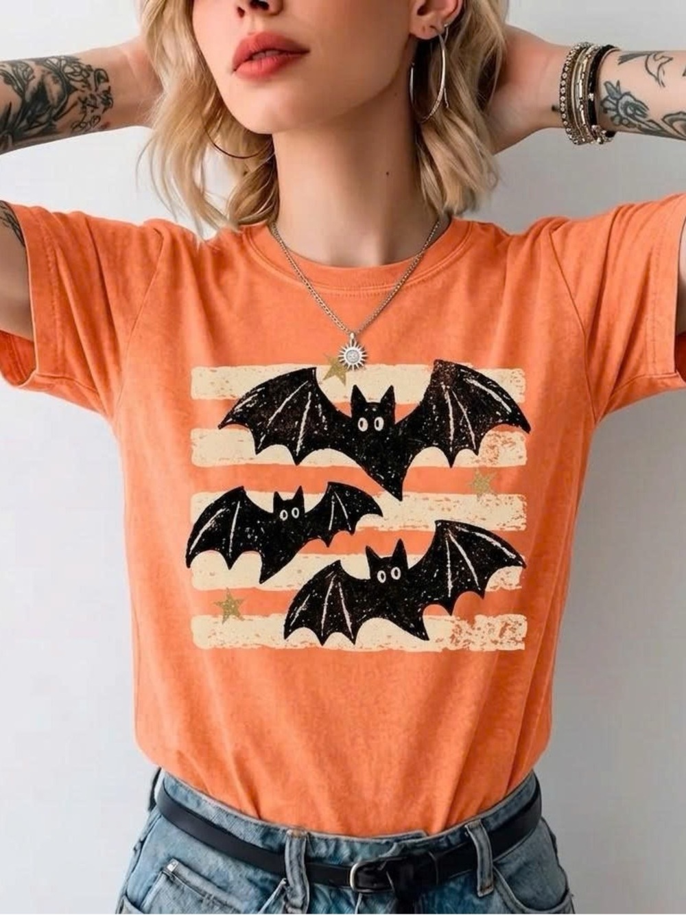Retro Spooky Bats Shirts - Terracotta Orange Halloween Graphic Unisex Tee